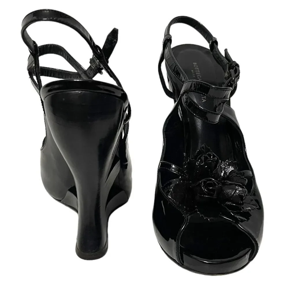 BOTTEGA VENETA Patent Leather Floral Cutout Wedge Heel Sandals 36.5